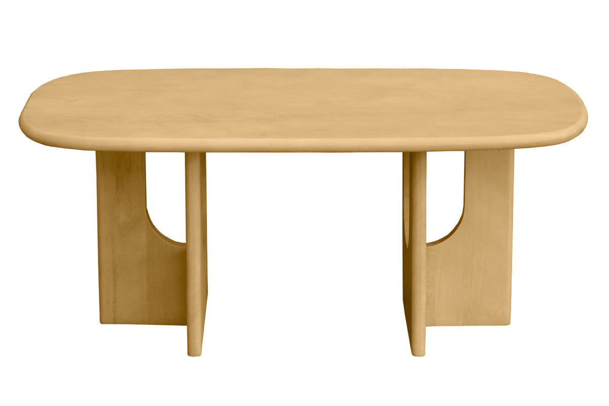 Mesa de centro de dise�o en madera clara de mango maciza, de forma rectangular con bordes redondeados.