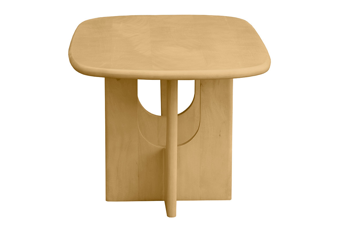 Mesa de centro de dise�o en madera clara de mango maciza, vista de perfil, forma rectangular con bordes redondeados