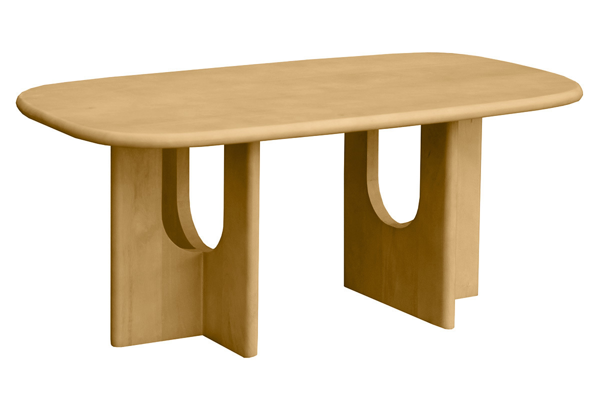Mesa de centro de dise�o en madera maciza de mango, forma rectangular con bordes redondeados, vista de 3/4.