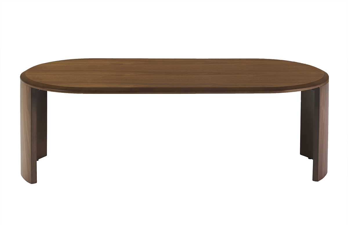 Mesa de centro ovalada de madera de nogal oscuro, vista frontal, dimensiones L120 cm.