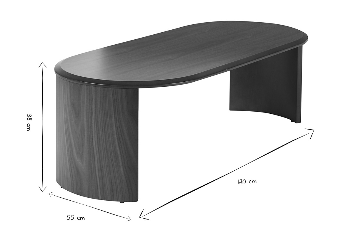 Dimensiones de la mesa de centro ovalada de madera oscura, L120 x P55 x H38 cm en blanco y negro