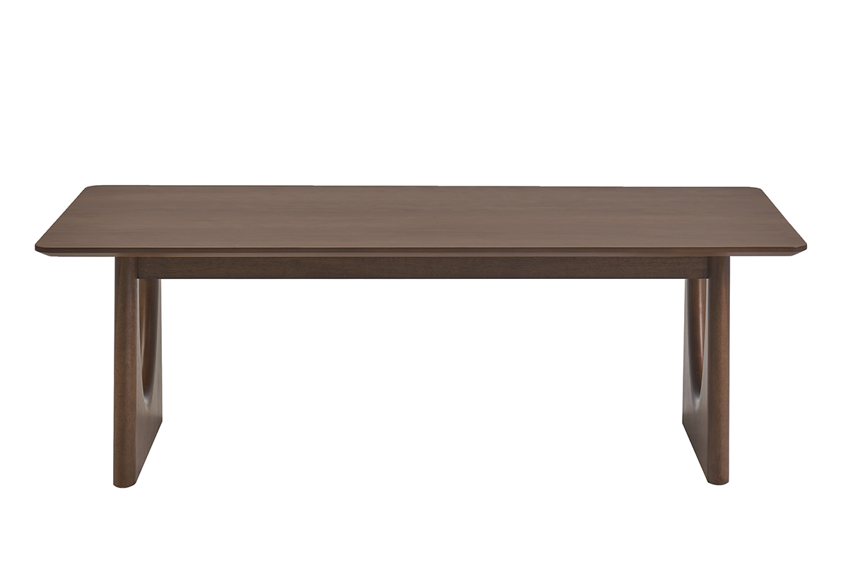 Mesa de centro rectangular de madera oscura de nogal, vista frontal, dimensiones L120 cm.