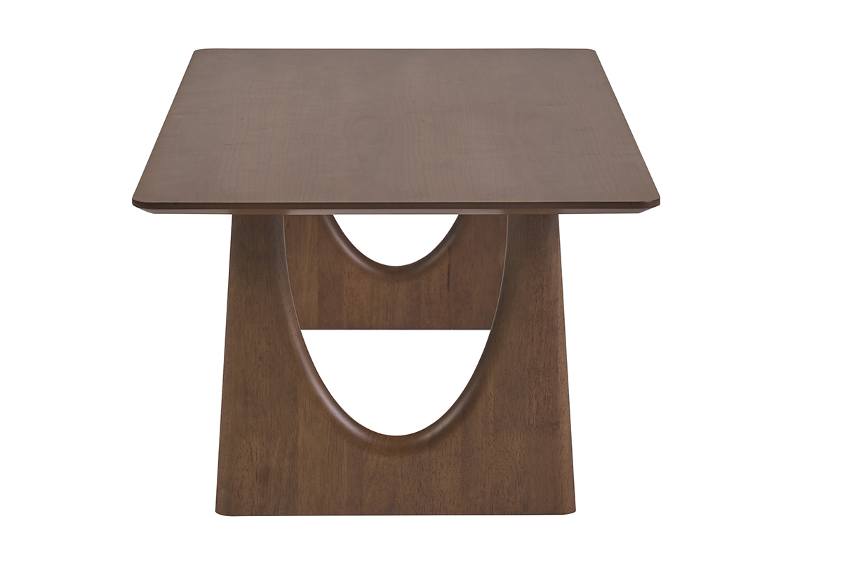 Mesa de centro rectangular de madera de nogal oscuro, vista de perfil.