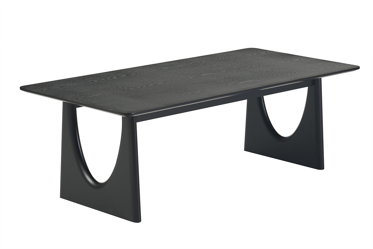 Mesa de centro de dise�o rectangular negra de 120 cm con patas de madera, vista de 3/4.