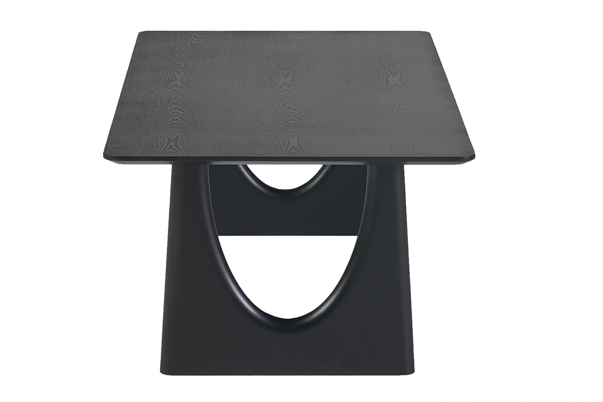 Mesa de centro de dise�o rectangular negra vista de perfil, dimensiones L120 cm, con base �nica de madera.