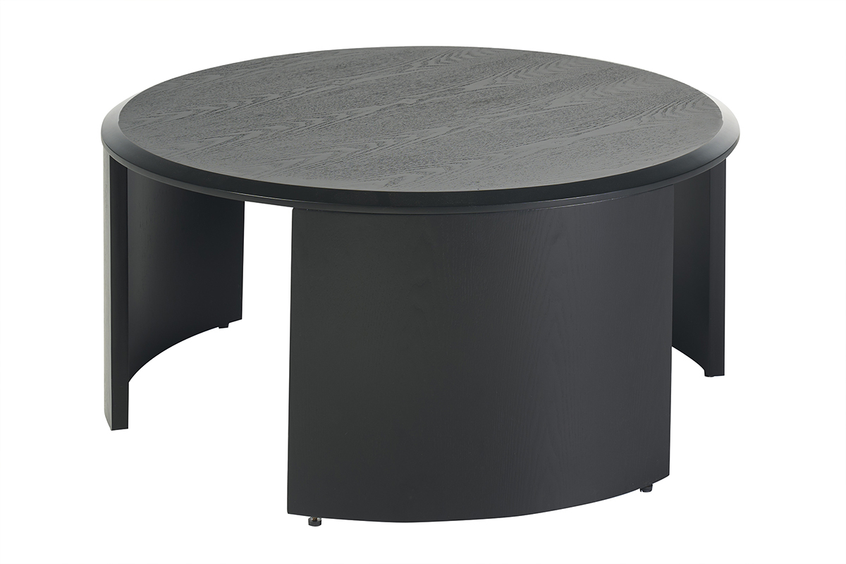 Mesa baja redonda de madera negra, di�metro 80 cm, vista en tres cuartos