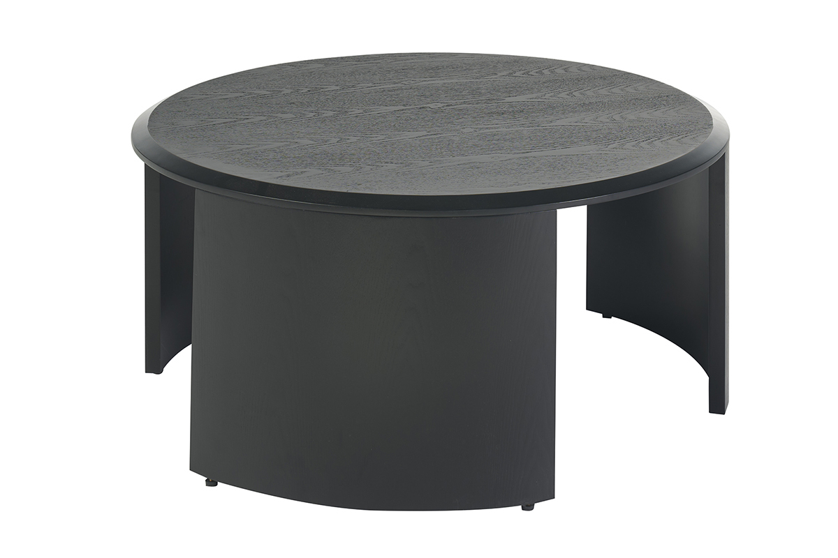Mesa de centro redonda de madera negra de 80 cm, dise�o moderno con una tapa redondeada y curvas escult�ricas.