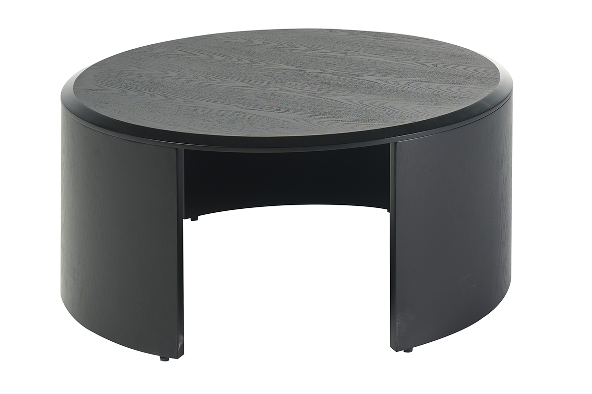 Mesa baja redonda de dise�o en madera negra, vista lateral, di�metro 80 cm, altura 35 cm.