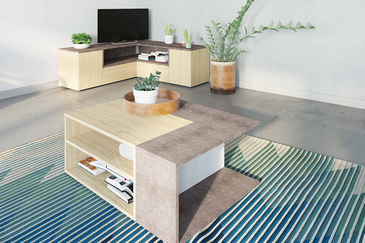 Mesa de centro de esquina moderna madera y gris imitacin cemento QUADRA