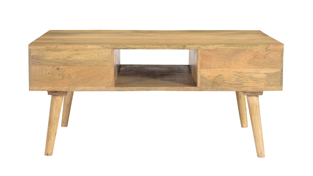 Mesa de centro de madera maciza de mango y cajones antracita y dorado 100cm WALTER