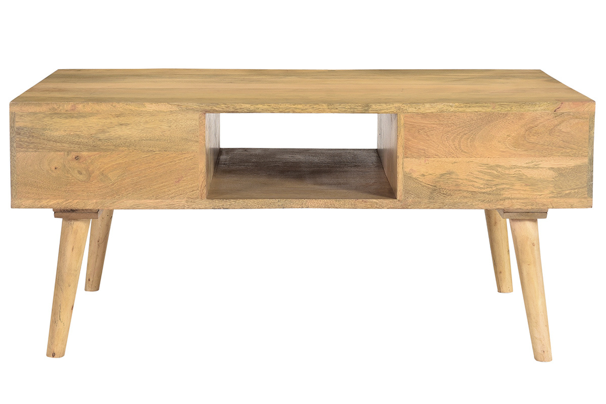 Mesa de centro de madera maciza de mango y cajones antracita y dorado 100cm WALTER