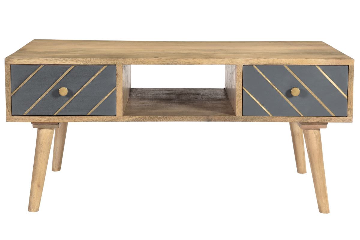 Mesa de centro de madera maciza de mango y cajones antracita y dorado 100cm WALTER