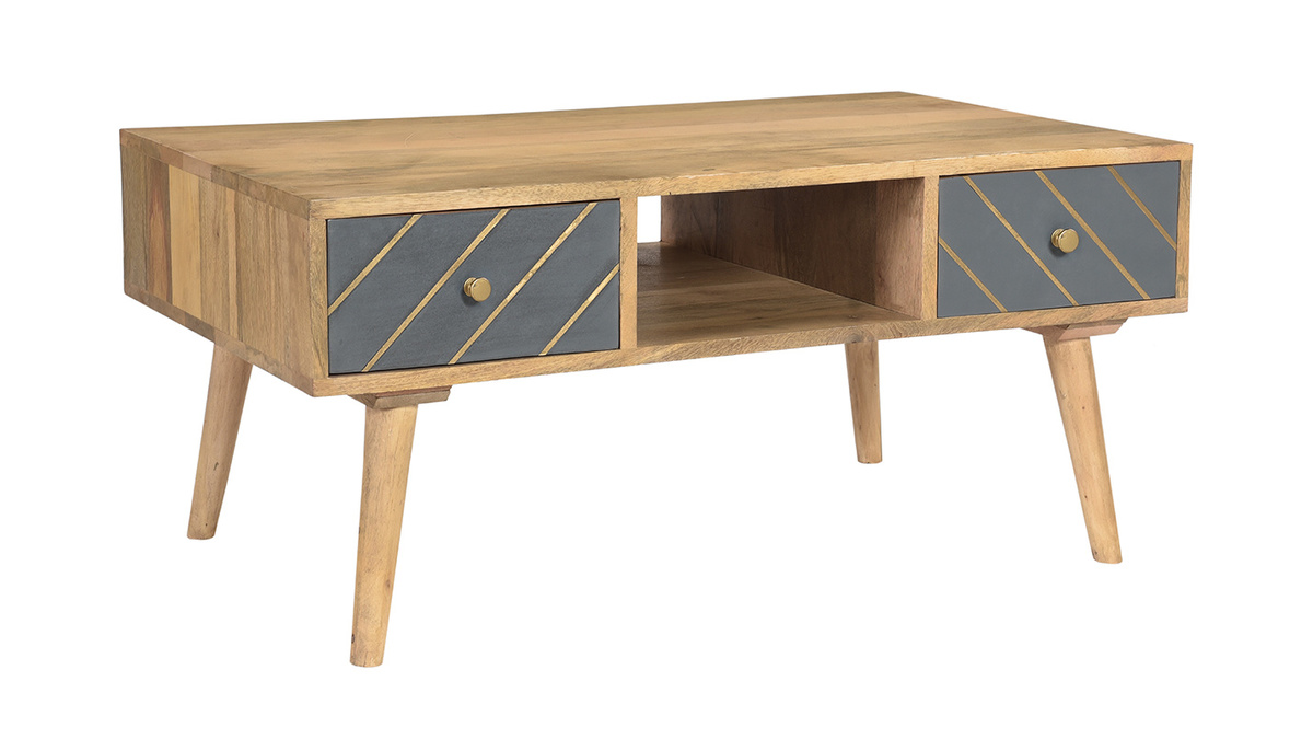 Mesa de centro de madera maciza de mango y cajones antracita y dorado 100cm WALTER