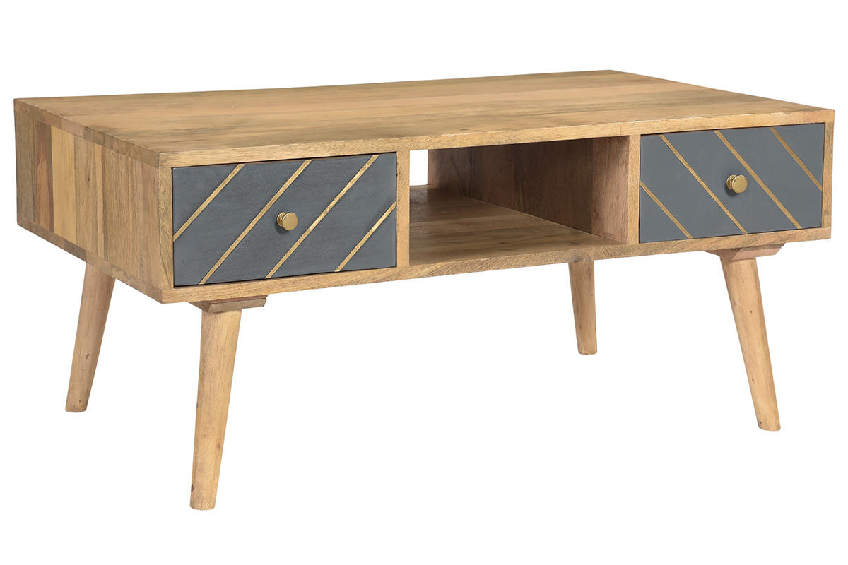 Mesa de centro de madera maciza de mango y cajones antracita y dorado 100cm WALTER
