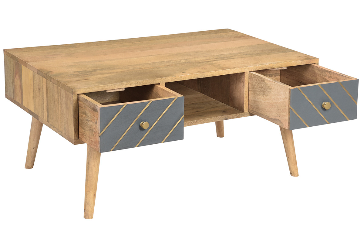 Mesa de centro de madera maciza de mango y cajones antracita y dorado 100cm WALTER