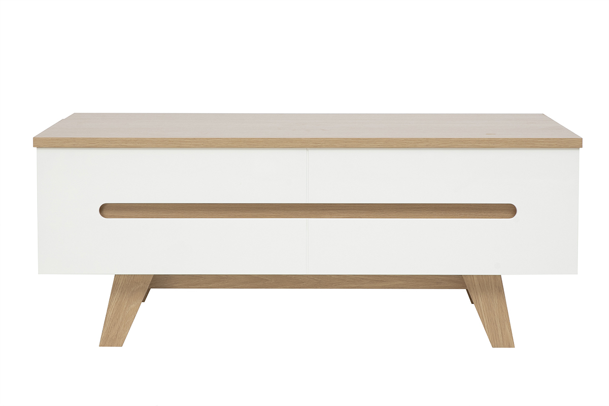 Mesa de centro elevable lacada en blanco con tablero de madera clara, vista frontal