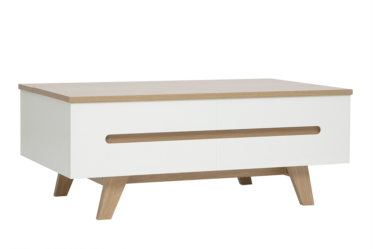 Mesa de centro elevable lacada en blanco con tablero de madera clara, vista en tres cuartos.