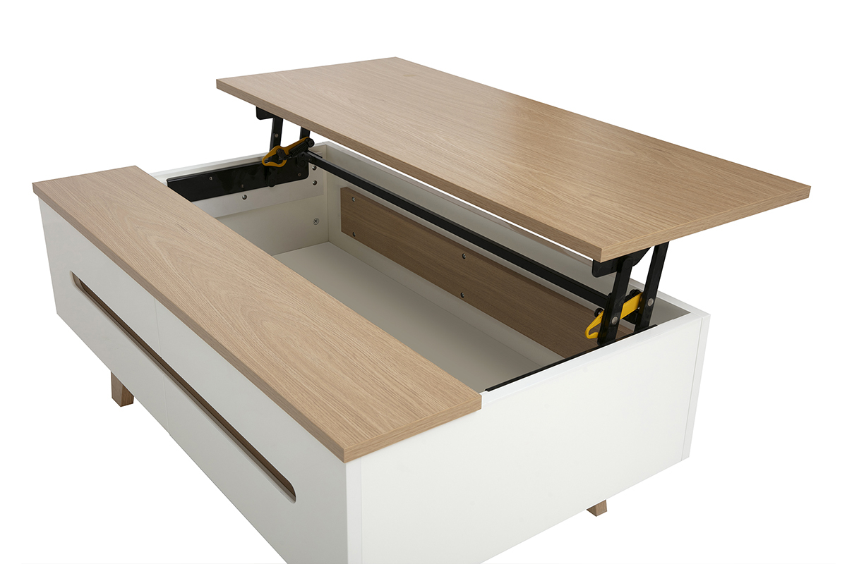 Mesa de centro elevable blanca lacada brillante y acabado de madera clara L100 cm MELKA