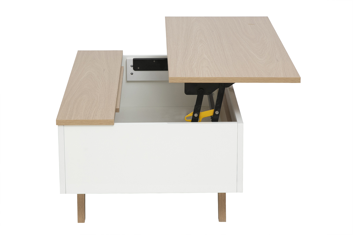 Mesa baja elevable blanca lacada con tablero de madera clara, vista lateral, caj�n abierto