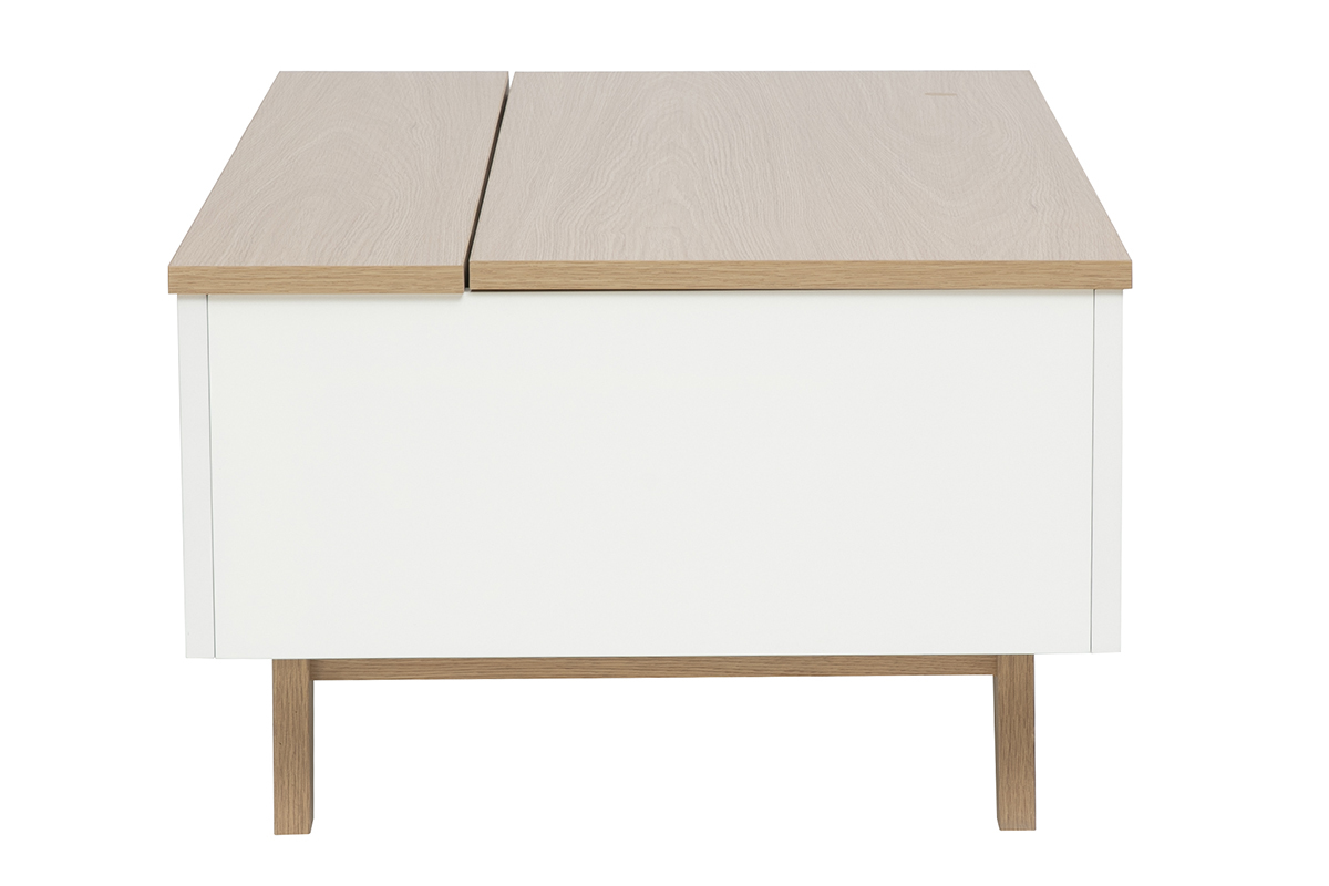 Mesa de centro elevable lacada en blanco con tablero de madera clara, vista de perfil.