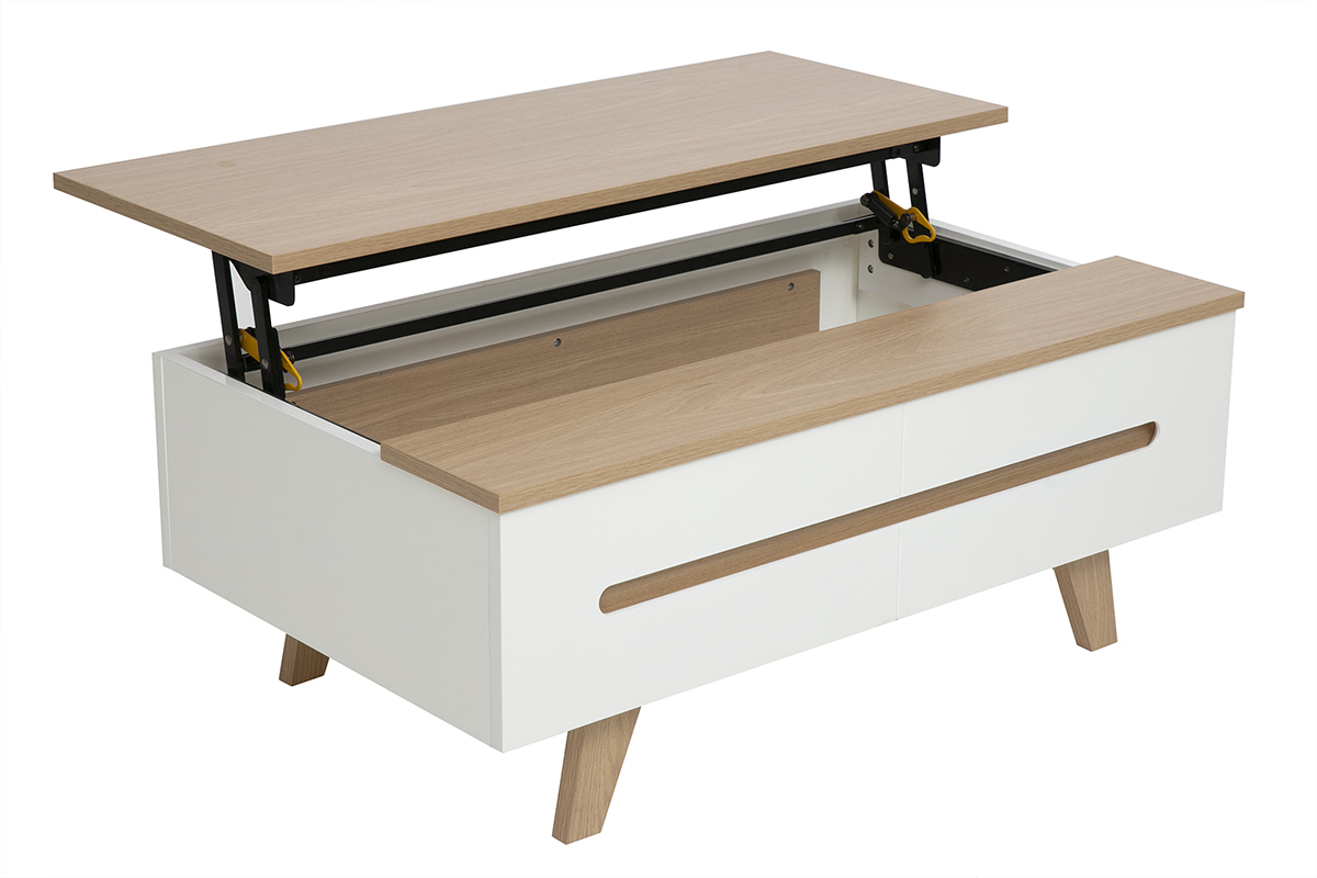 Mesa de centro elevable blanca lacada con tablero de madera clara, vista en tres cuartos, almacenamiento integrado abierto.