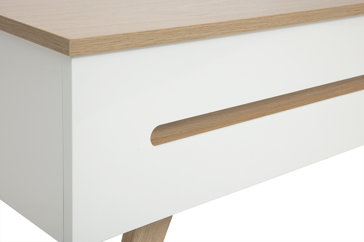 Mesa baja elevable lacada en blanco con tablero de madera clara, vista en detalle