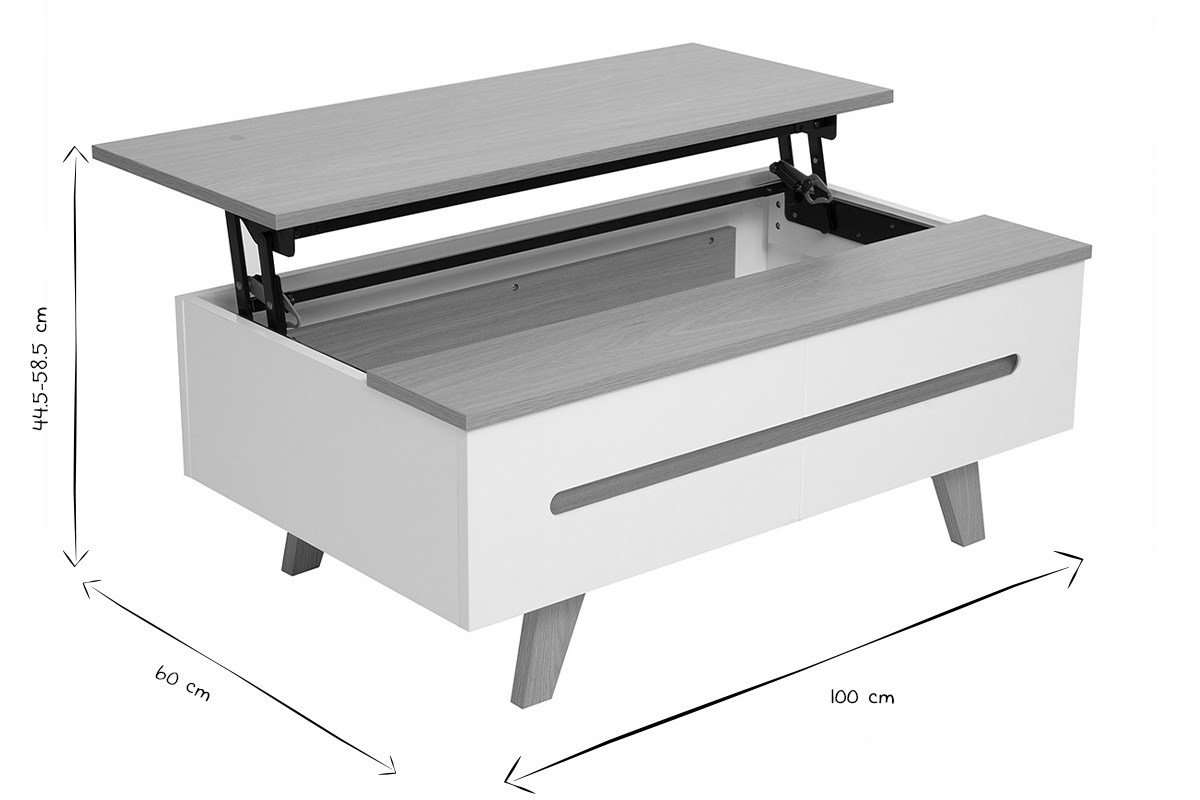 Dimensiones de la mesa de centro MELKA en negro y blanco: 100 cm x 60 cm, altura 44,5-58,5 cm.