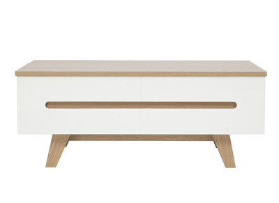 Mesa de centro elevable blanca lacada brillante y acabado de madera clara L100 cm MELKA