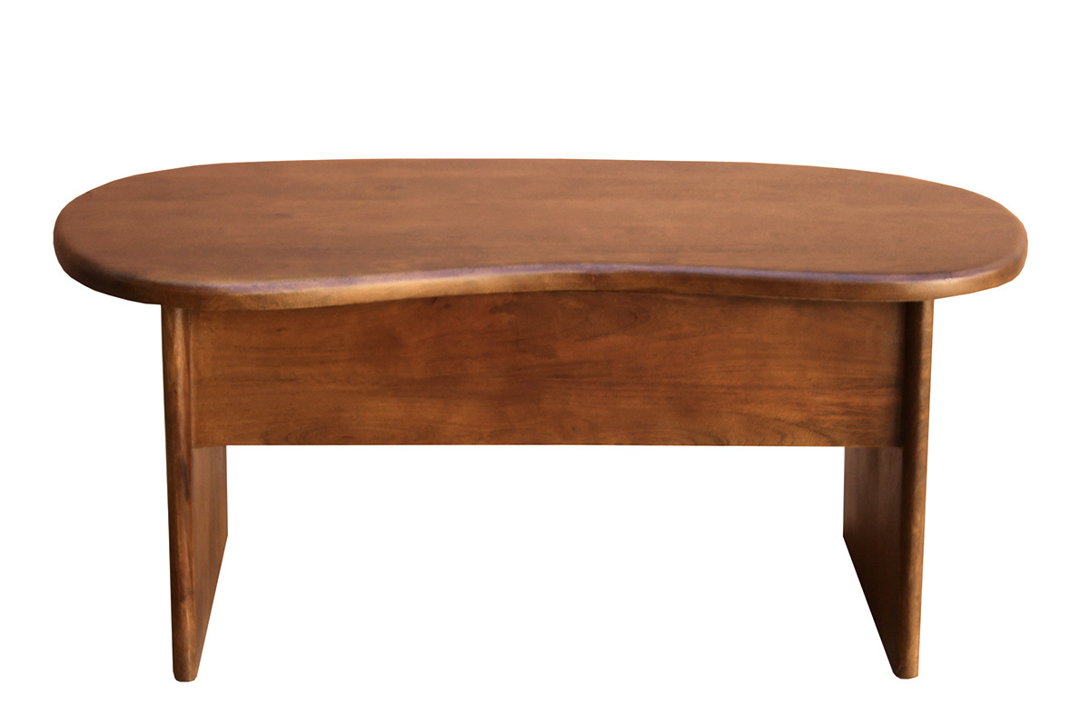 Mesa de centro elevable de dise�o en forma de alubia en madera de mango, vista frontal.
