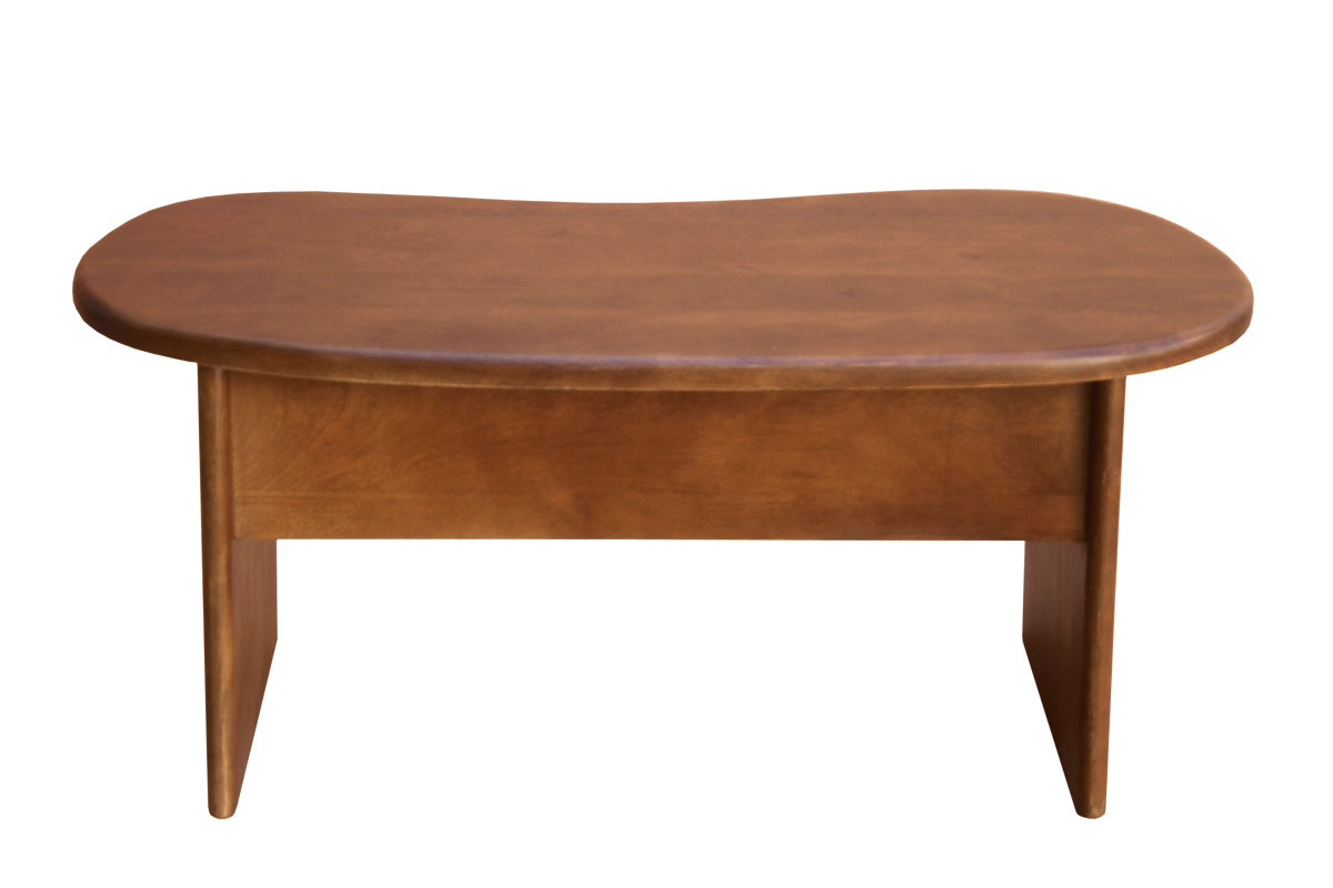 Mesa de centro elevable de dise�o en forma de haba, de madera maciza de mango, vista trasera.