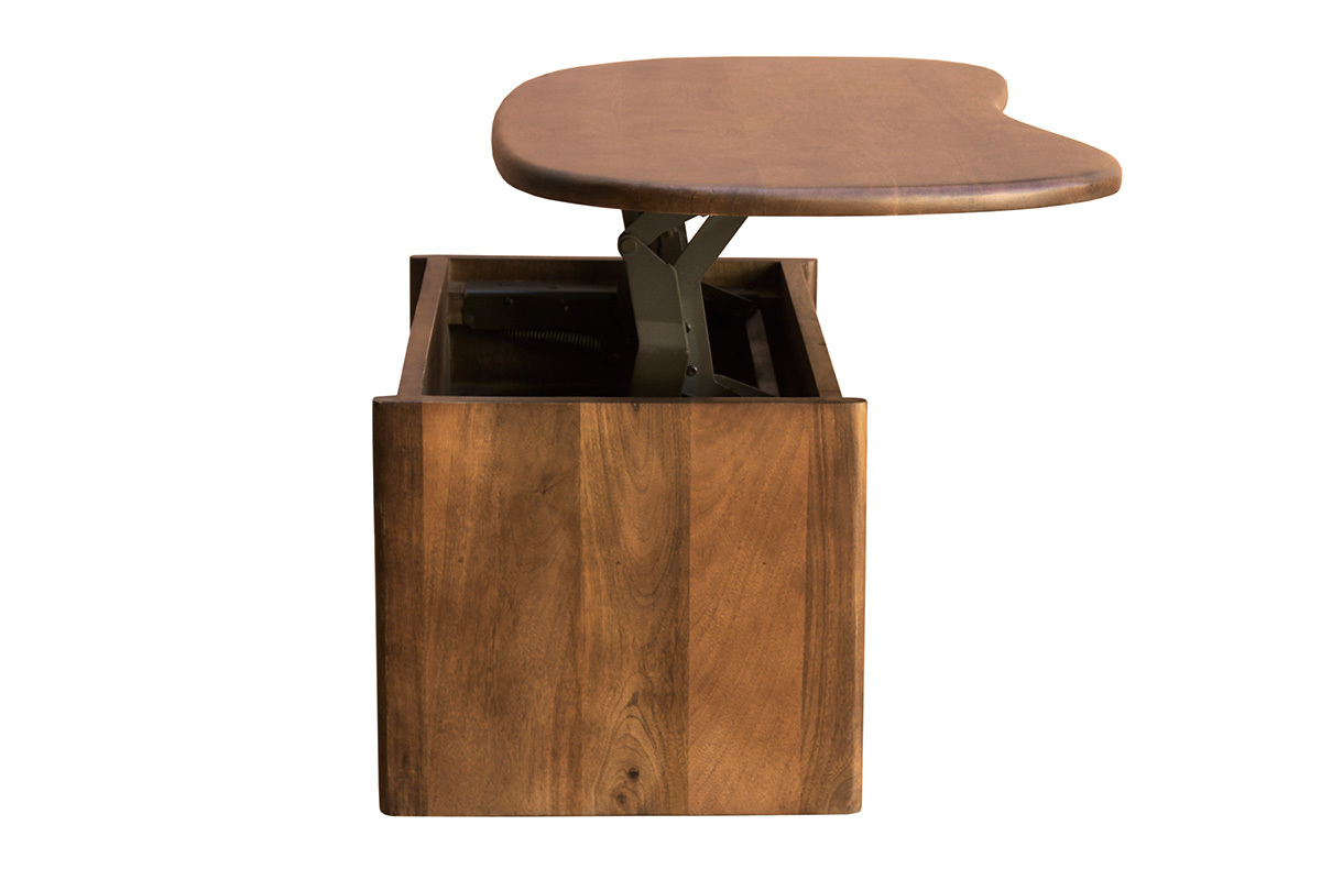 Mesa baja elevable de madera de mango con almacenamiento, vista lateral, dise�o en forma de jud�a, L95 cm.