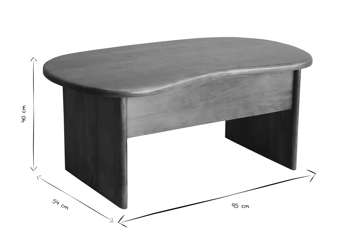 Mesa baja elevable con dise�o de haba, con dimensiones L95 x P54 x H40 cm en blanco y negro