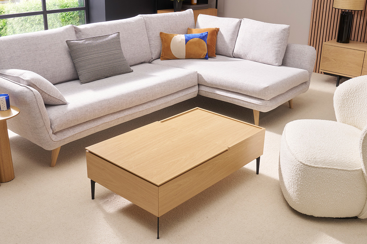 Mesa de centro elevable de madera clara y metal negro 102,5cm SEDA