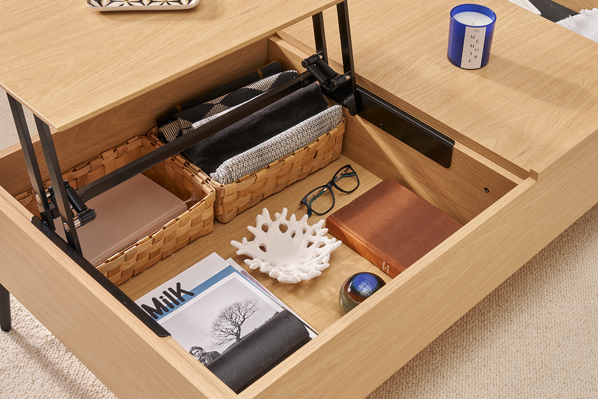 Mesa de centro elevable de madera clara y metal negro 102,5cm SEDA