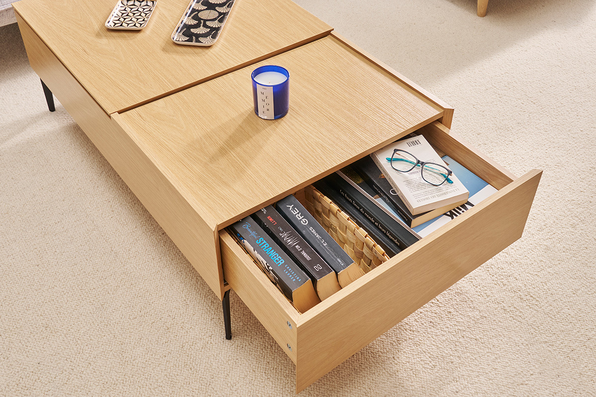 Mesa de centro elevable de madera clara y metal negro 102,5cm SEDA