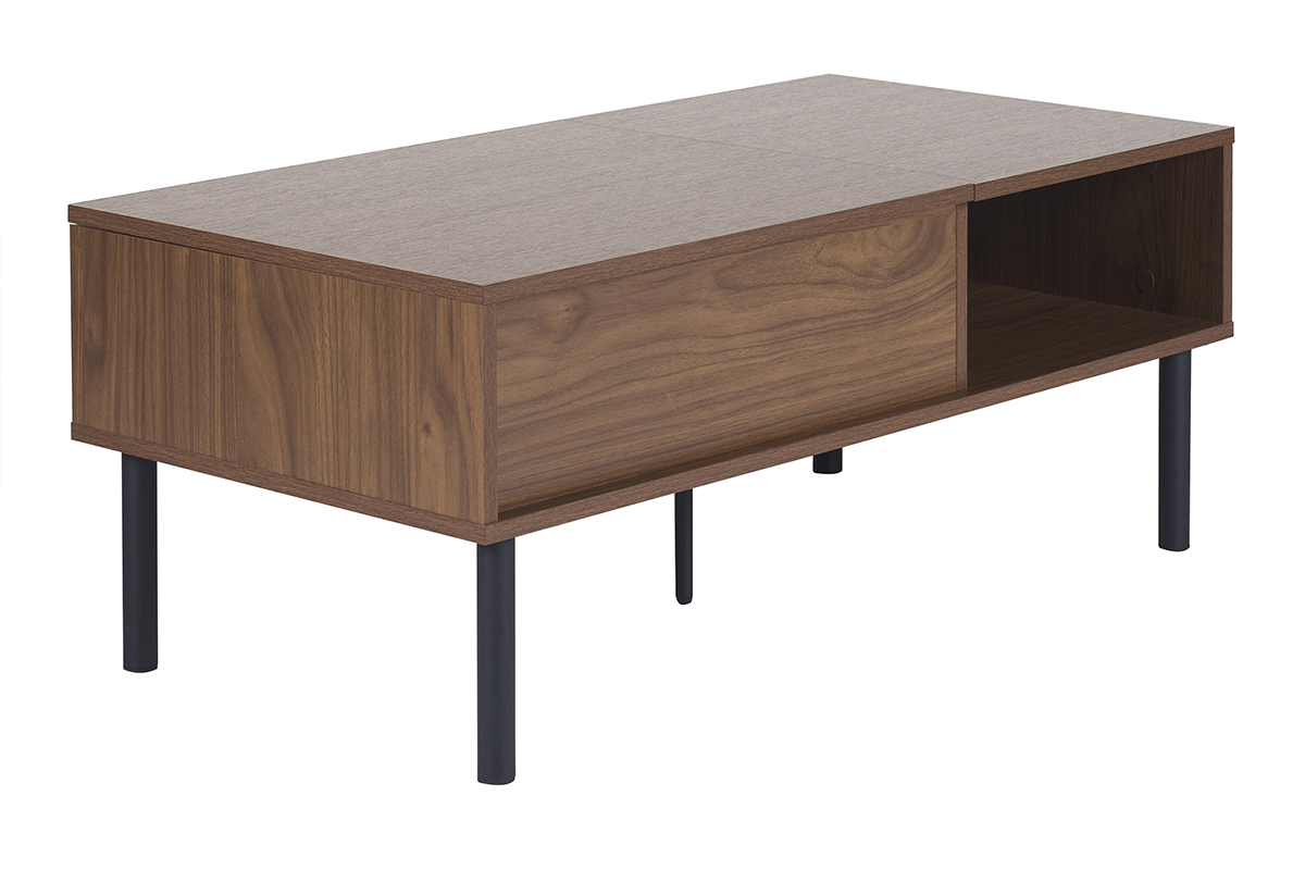 Mesa baja rectangular de madera oscura nogal y metal negro, vista de perfil con nicho abierto.