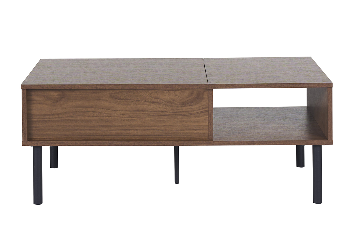 Mesa baja rectangular de madera oscura de nogal y metal negro con nicho abierto, vista frontal.