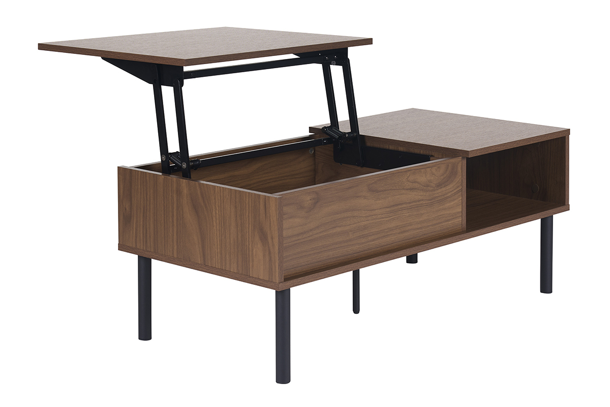 Mesa de centro elevable de madera oscura y metal negro con bandeja abierta, vista de 3/4.