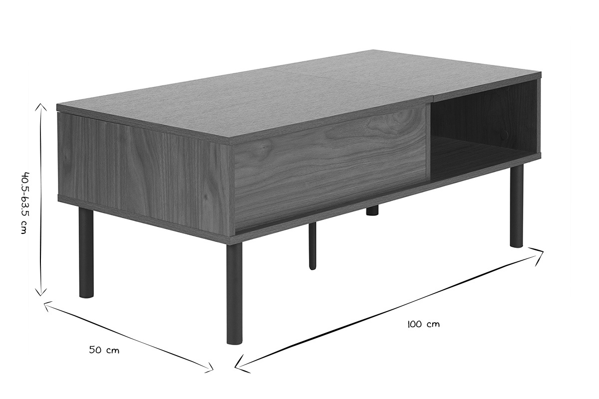 Mesa baja rectangular en negro y blanco con dimensiones, vista de tres cuartos.