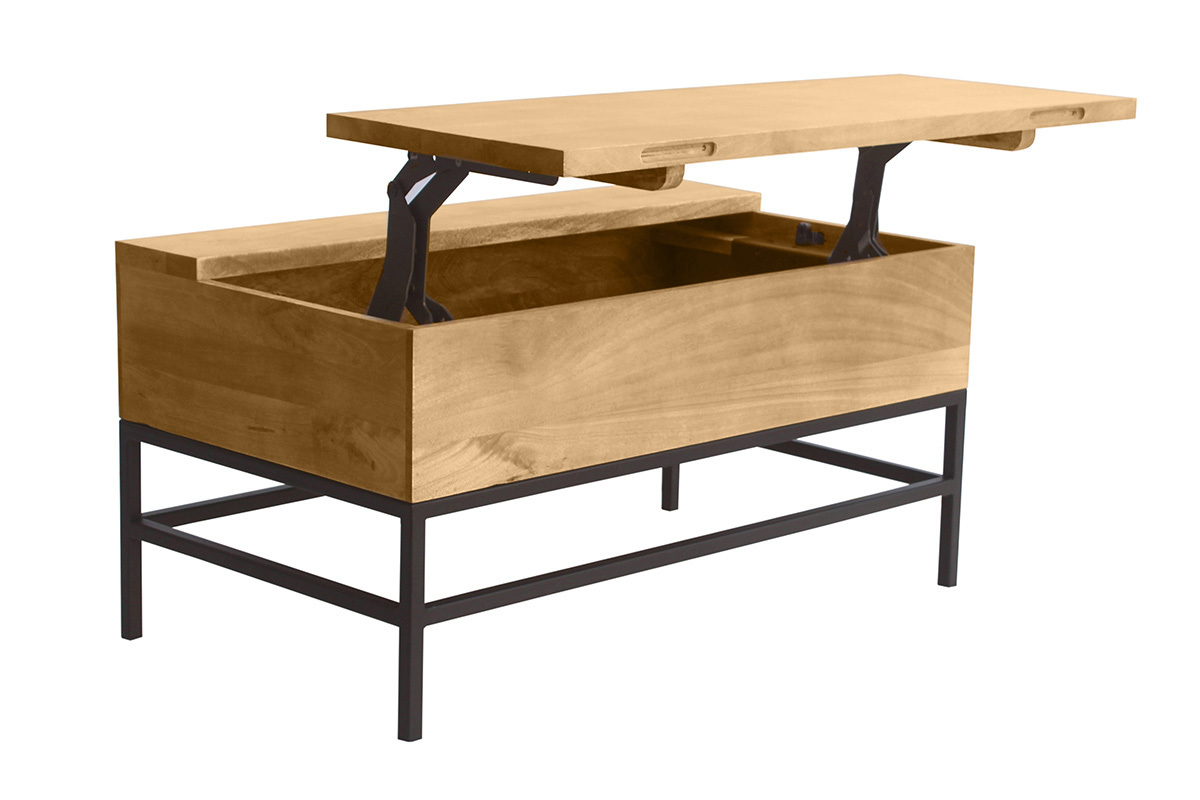Mesa de centro elevable industrial de madera maciza de mango y metal negro L90 cm YPSTER