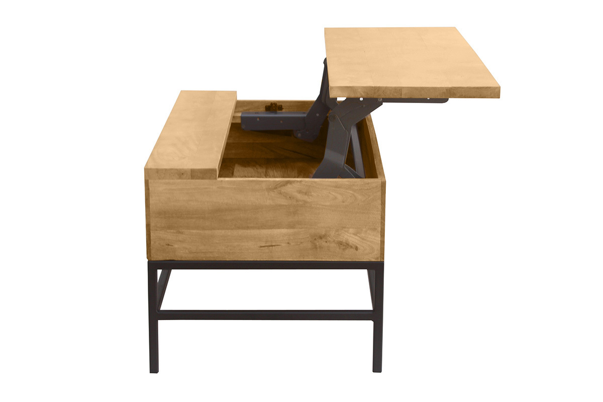 Mesa de centro elevable industrial de madera maciza de mango y metal negro L90 cm YPSTER