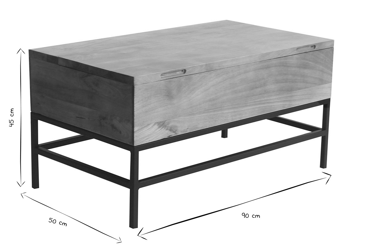 Mesa de centro elevable industrial de madera maciza de mango y metal negro L90 cm YPSTER
