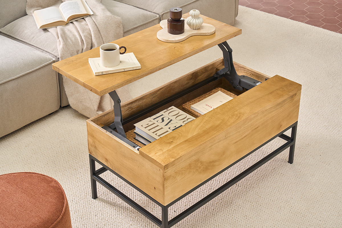 Mesa de centro elevable industrial de madera maciza de mango y metal negro L90 cm YPSTER