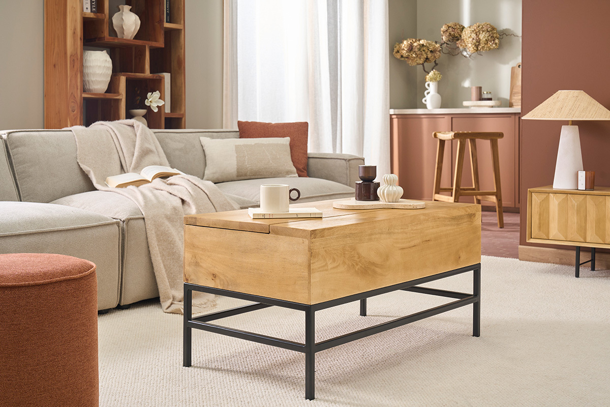 Mesa de centro elevable industrial de madera maciza de mango y metal negro L90 cm YPSTER