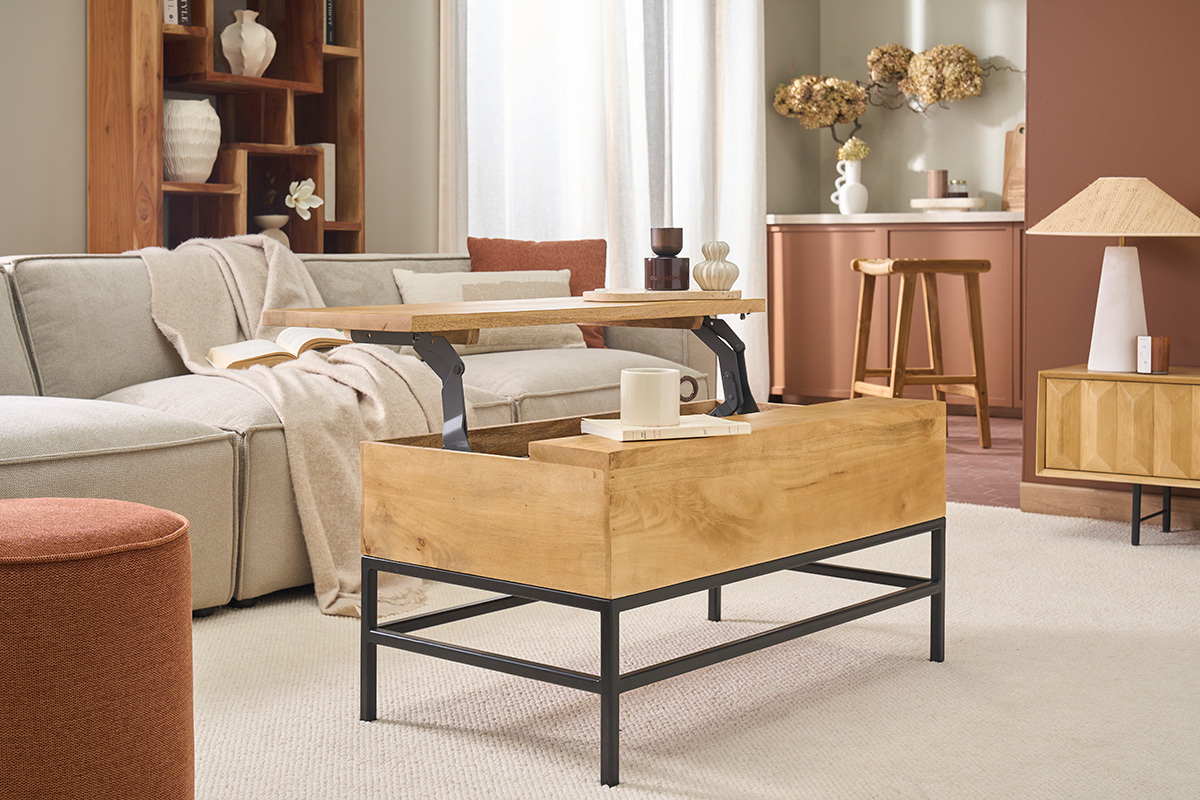 Mesa de centro elevable industrial de madera maciza de mango y metal negro L90 cm YPSTER
