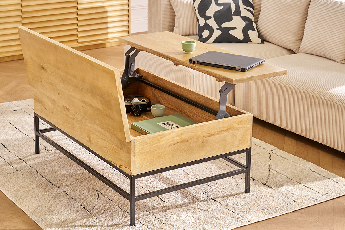 Mesa de centro elevable industrial mango y metal L110 cm YPSTER