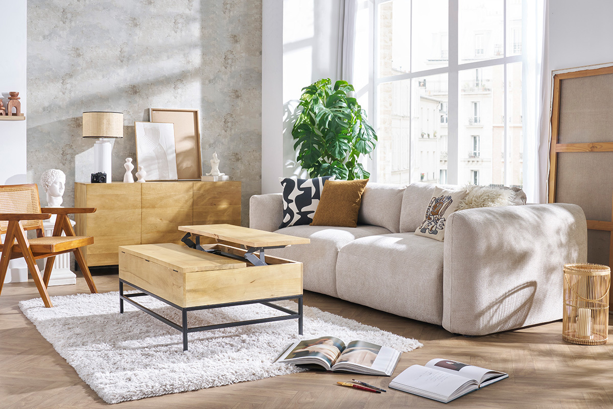 Mesa de centro elevable industrial mango y metal L110 cm YPSTER