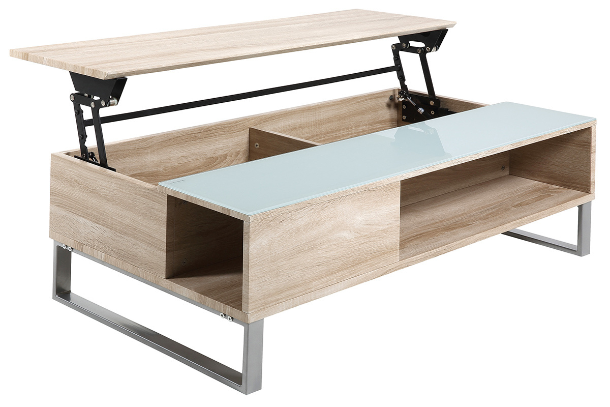 Mesa de centro elevable madera clara y cristal ahumado blanco WYNN