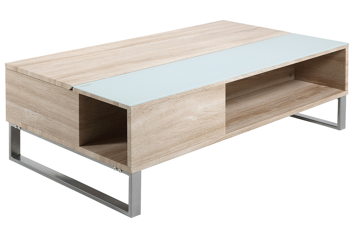 Mesa de centro elevable madera clara y cristal ahumado blanco WYNN