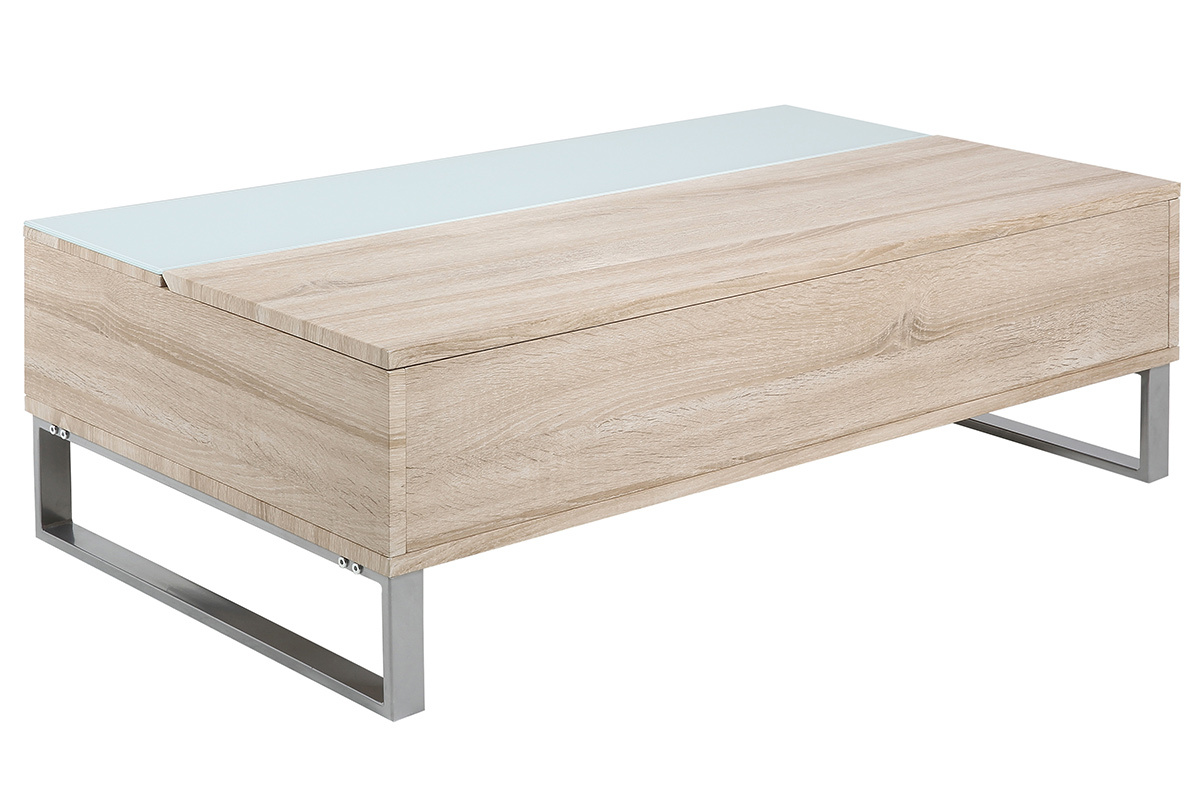 Mesa de centro elevable madera clara y cristal ahumado blanco WYNN